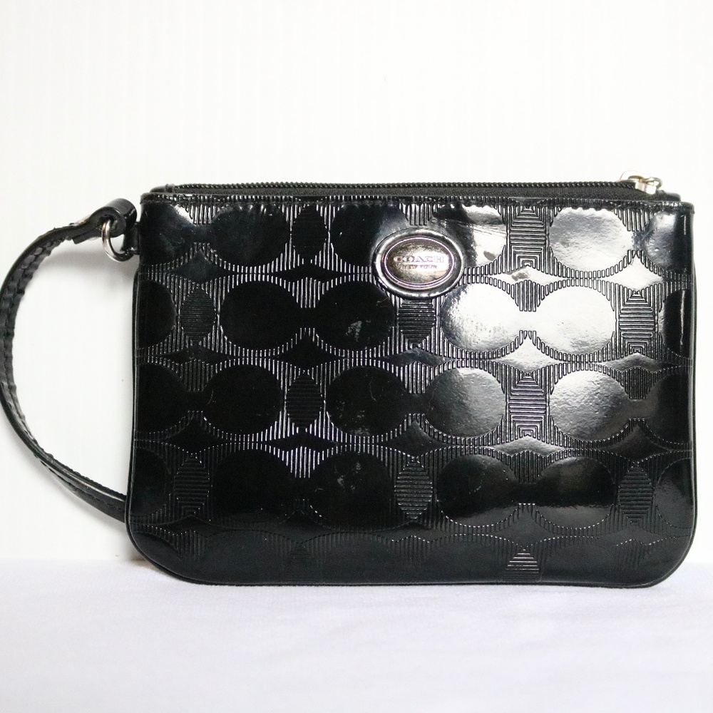 COACH Black Patent Embossed Wristlet Wallet